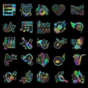 Lot de 50 autocollants musicaux holographiques avec piano guitare et notes de musique