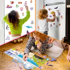 Reusable jelly sticker book for kids showing multi-surface application on glass and boards