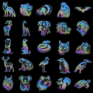 Lot de 25 autocollants laser holographiques brillants avec motifs d'animaux colorés