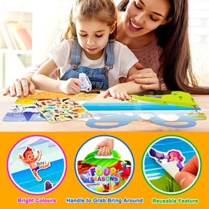 Detail of colorful reusable jelly stickers for toddlers showing four seasons and handle design