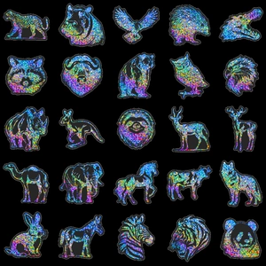 Lot de 25 autocollants animaux holographiques avec effet pailleté laser sur fond noir