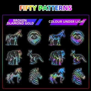Détail de 50 autocollants laser animaux argentés avec texture diamant et effet changeant