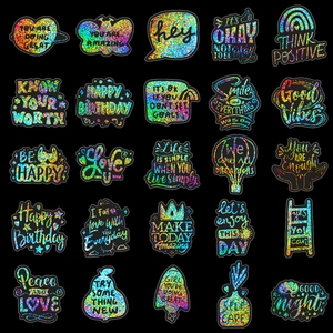 Lot de 50 autocollants laser holographiques avec phrases inspirantes sur fond noir