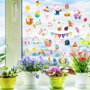 Easter reusable jelly window stickers featuring bunnies and eggs on a bright window pane
