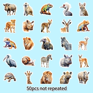 50pcs realistic cartoon African wildlife stickers set featuring lions, giraffes and zebras