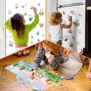 Easter jelly stickers featuring bunnies and eggs applied on glass and home appliances