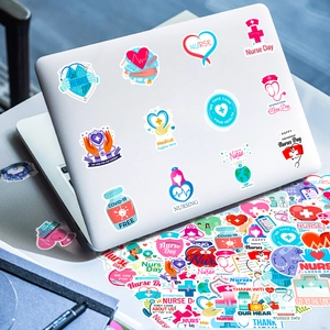 Nurse appreciation stickers on laptop featuring stethoscopes and medical hearts