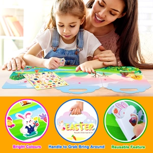 Reusable Easter sticker book detail showing bright colors and a portable handle design