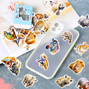 Realistic animal stickers showing zebra and lion patterns on a clear phone case decor