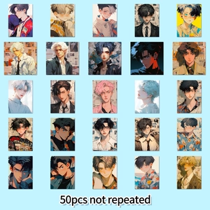 Set of 50 unique cool anime boy stickers for laptops and journals on a light blue background