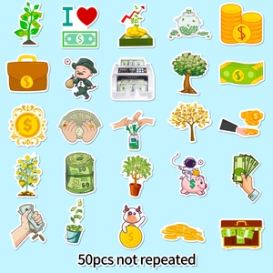 Set of 50 non-repeating wealth and gold coin stickers for laptops and luggage decoration