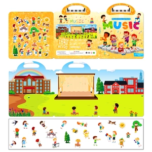 Macro view of music themed reusable jelly sticker book with colorful cartoon instruments