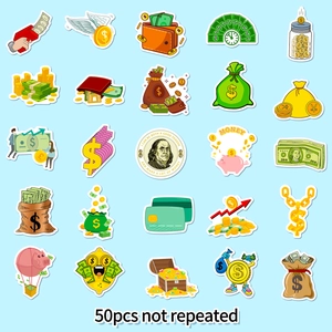 50pcs non-repeating wealth and money themed cartoon stickers for laptops and luggage