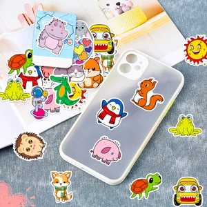 Cute cartoon animal stickers on a phone case and blue background for DIY decoration