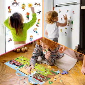 Reusable jelly sticker book with cartoon characters applied to windows and refrigerators