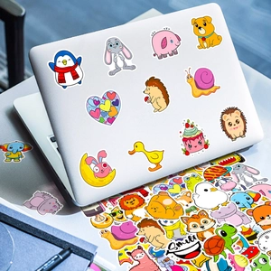 Cute cartoon animal stickers applied on a laptop for decorative and creative use