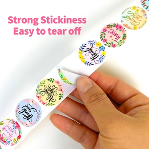 Pink floral Thank You stickers roll with strong stickiness for gift packaging