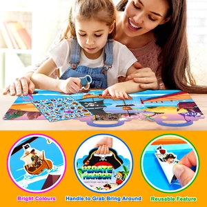Detail of reusable pirate jelly book with bright colors and portable handle design