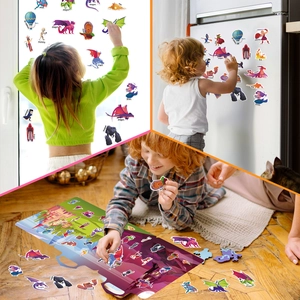 Three scenes showing kids dragon stickers on a castle map, windows, and fridge