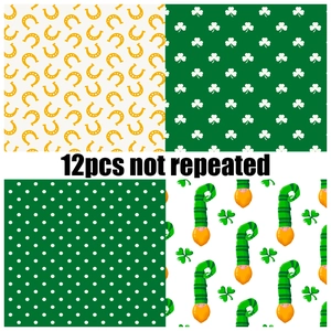 Set of 12 non-repeating St. Patrick's Day themed scrapbooking paper with green gnomes and shamrocks