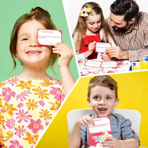 Detail of All About Family flashcards showing children interacting and bonding