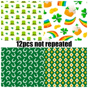 St. Patrick's Day themed scrapbook paper set with 12 patterns including shamrocks and gold