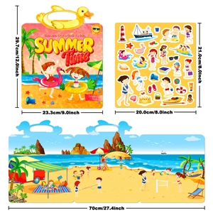 Reusable summer themed jelly sticker book for kids featuring portable handle and beach scene