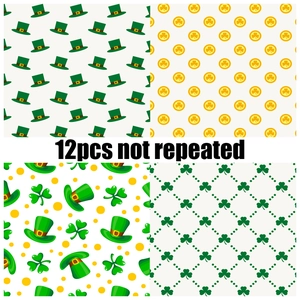 Set of 12 non-repeated St. Patrick's Day themed decorative papers with shamrock patterns