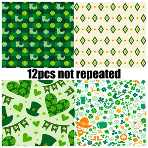 12pcs St. Patrick's Day scrapbook paper set with shamrocks and green hats pattern