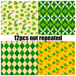 Detailed view of 12 unique St. Patrick's Day patterns featuring shamrocks and horseshoes