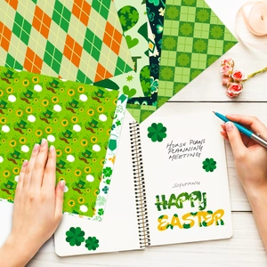 Saint Patrick's Day patterned paper with shamrocks and green plaid for DIY scrapbooking
