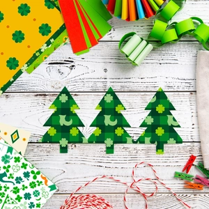Detail of green plaid shamrock Christmas tree paper crafts for St. Patrick's Day DIY projects