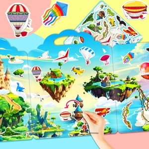 Portable fantasy sky world jelly sticker book for children with flying castle scene