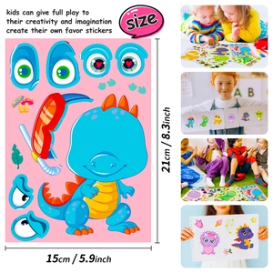 6-pack DIY dinosaur sticker sheets for kids with creative mix-and-match facial features