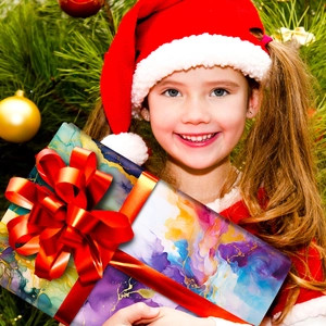 Kind houdt luxe paarse marmeren geschenkdoos met rode zijden strik onder de kerstboom