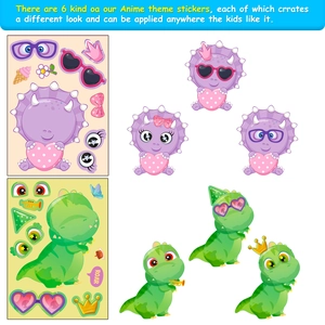 Detail showing various DIY dinosaur stickers with colorful accessories for kids creative play