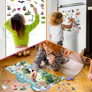 Detailed view of colorful cartoon stickers applied on windows and household surfaces