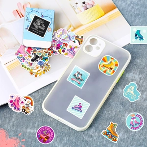 Detailed set of waterproof roller skate stickers on a phone case with blue packaging