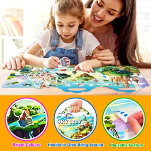 Sky City quiet book detail showing portable handle and reusable colorful stickers