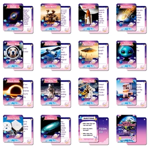 Set of 16 outer space educational flashcards for kids with nebula and rocket designs