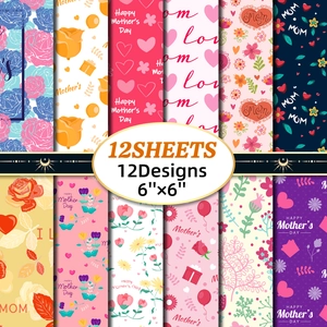 Set of 12 unique Mother's Day 6x6 scrapbook papers with diverse floral and heart designs