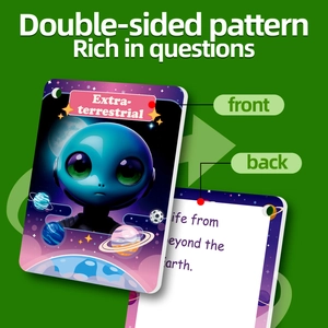 Double-sided alien themed flashcards with illustrations and English definitions