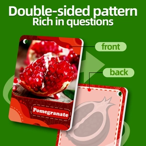 Double-sided pomegranate educational flashcard with realistic photo and vector illustration