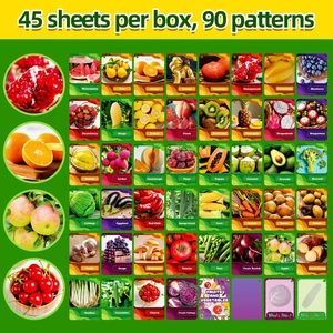 Macro detail of 45 double-sided realistic fruit and vegetable educational flashcards