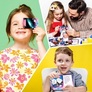 Close-up of double-sided space education cards featuring Galaxy and Mars Rover themes