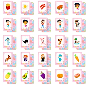 Set of 50 kids educational flashcards with colorful cartoon illustrations and alphabets