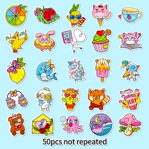 Set of 50 cute cartoon animal and food stickers for kids scrapbooking and luggage