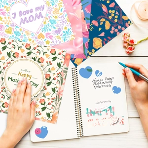 Pink Mother's Day decorative paper set with floral patterns and hand-drawn hearts