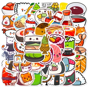 Close-up of cute cartoon sushi and onigiri stickers with white borders for scrapbooking