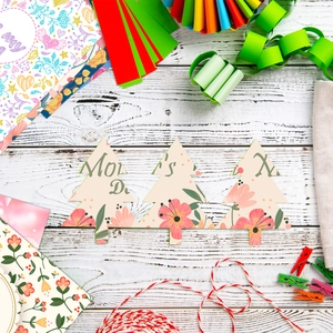 Detailed view of tree-shaped pink floral paper cards for Mother's Day craft projects
